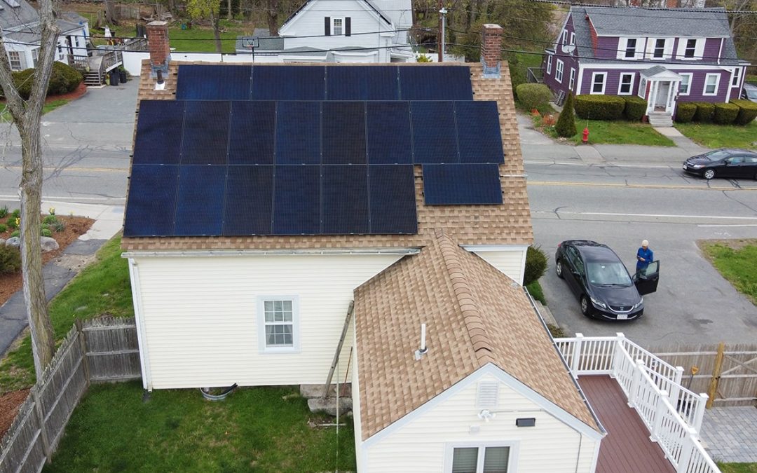 The picture shows a CT solar panel installation, taken from a drone. Our CT solar company can install solar panels on the roof of the house or elsewhere on the property, all over New England.