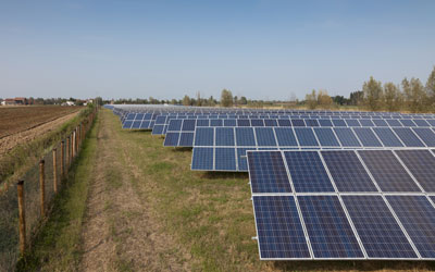 Image of a solar farm in green fields of a rural community for bridging the energy gap.